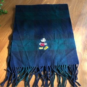 Vintage Walt Disney Mickey Mouse 100% Wool Scarf - Tartan Plaid Navy Green